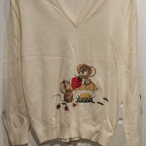 Cream V-Neck Sweater with Mouse Embroidery